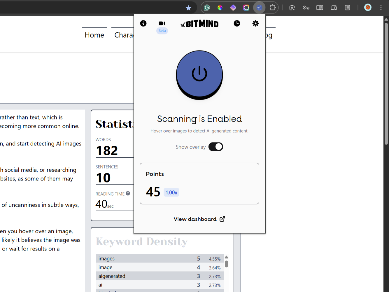 منوی پسوند Chrome Bitmind با Word Counter در پس زمینه.