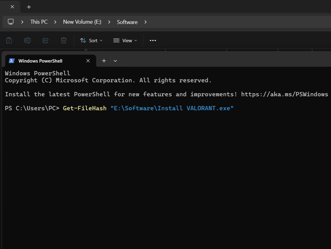 فرمان در Windows PowerShell برای دریافت هش پرونده.