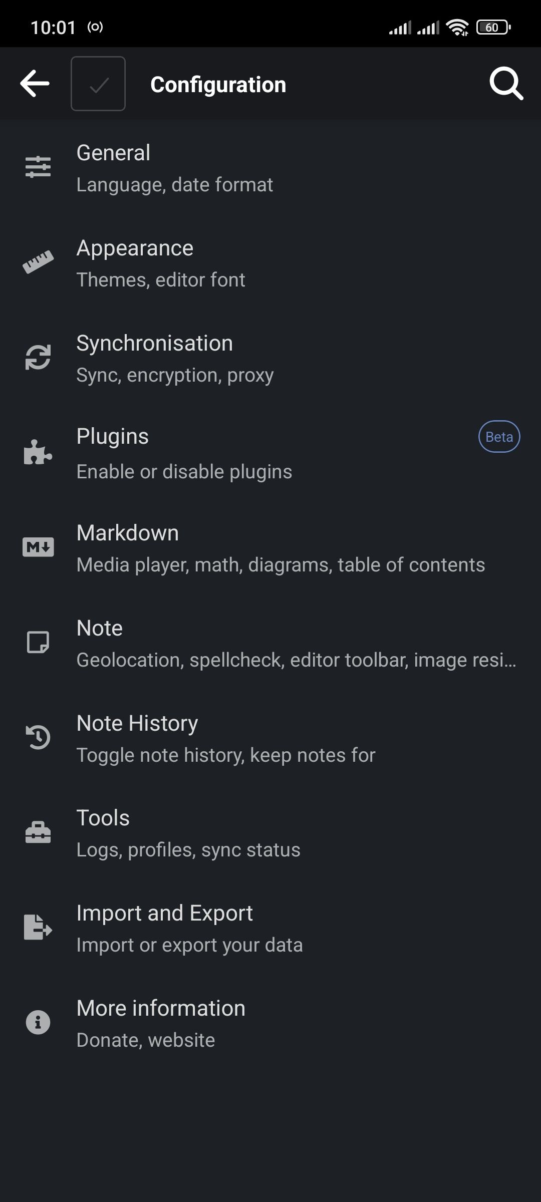 تنظیمات پیکربندی در برنامه Joplin Notes