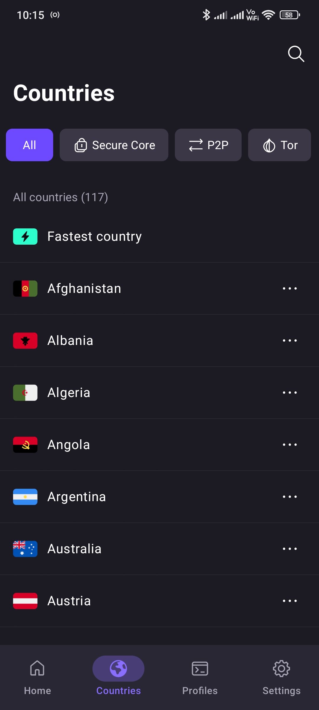 لیست کشورها در برنامه VPN پروتون