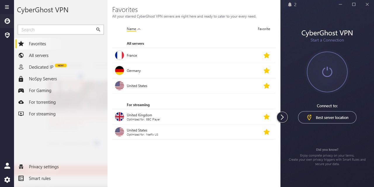 Cyberghost 8 مکان VPN را انتخاب کنید.