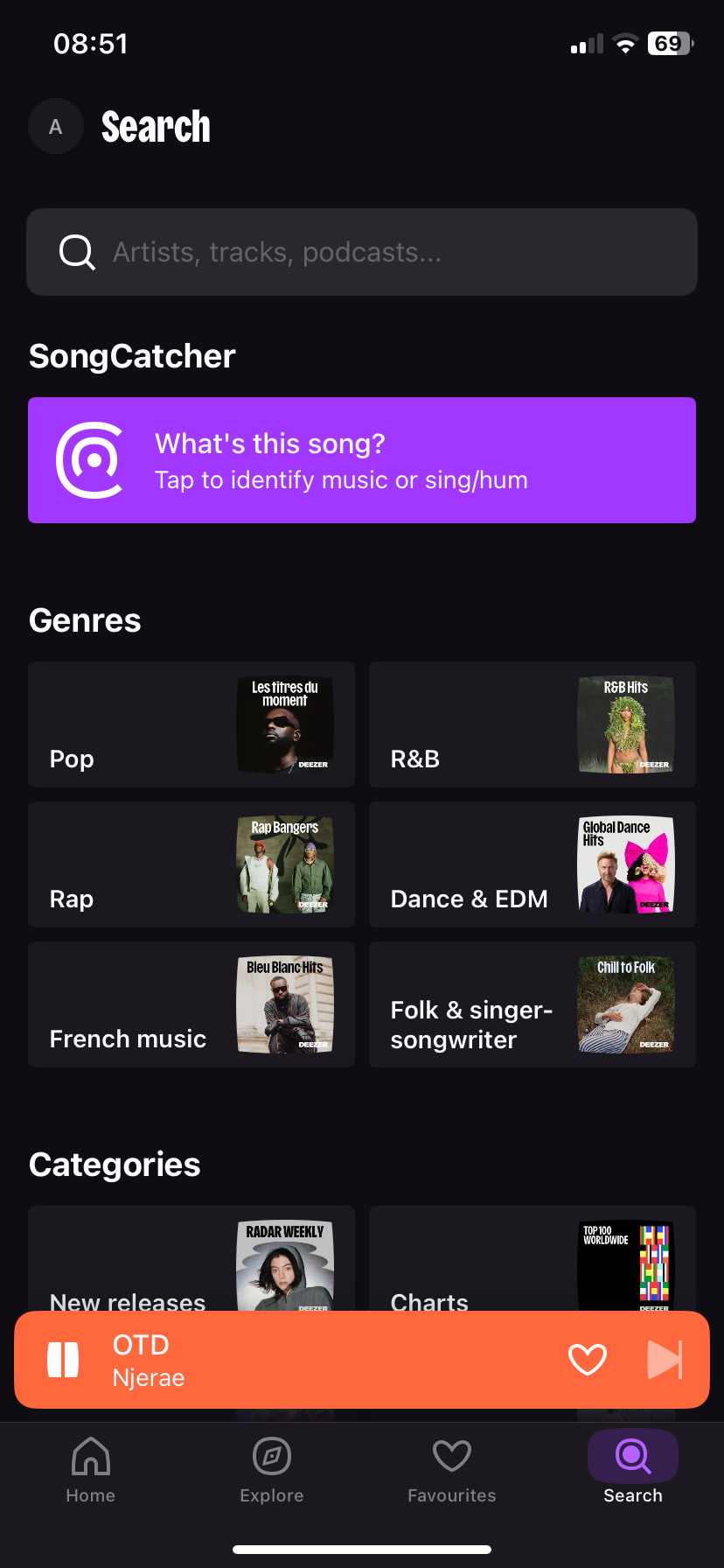 برگه جستجوی Deezer که نشان دهنده SongCatcher و گزینه های دیگر است