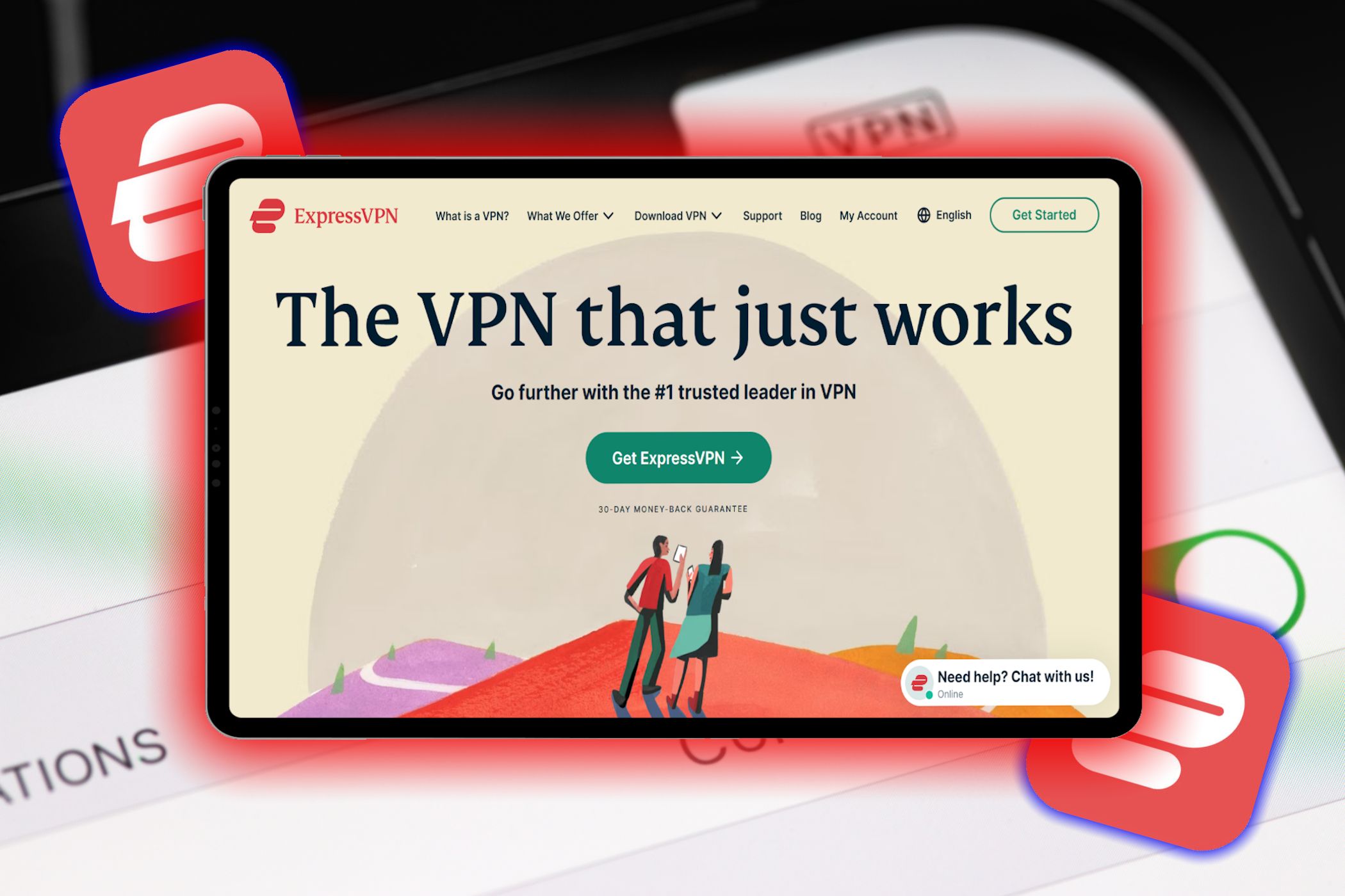 وب سایت Express VPN در صفحه جدول با آرم های اکسپرس VPN در پس زمینه