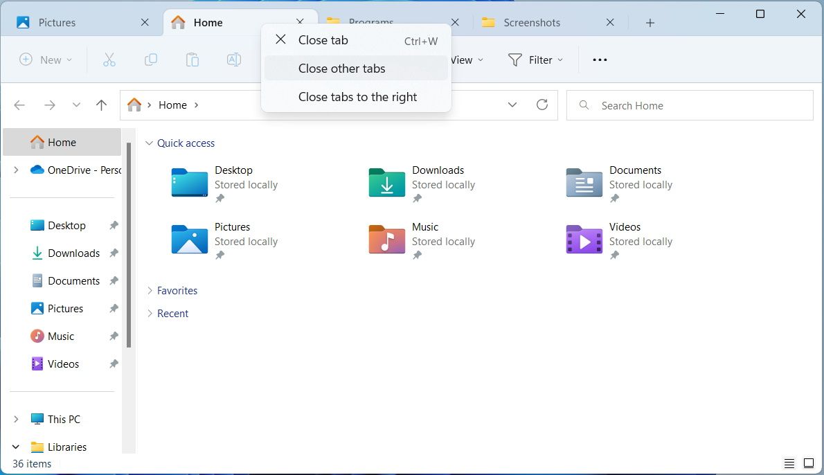 منو برای بستن برگه ها در Windows 11 File Explorer