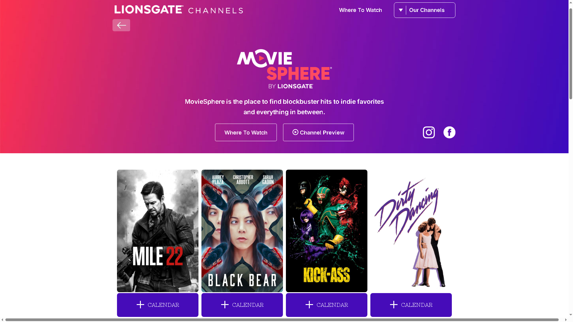 وب سایت کانال های Frontpage of Lionsgate ، شامل لیست فیلم های موجود در فیلم های موجود