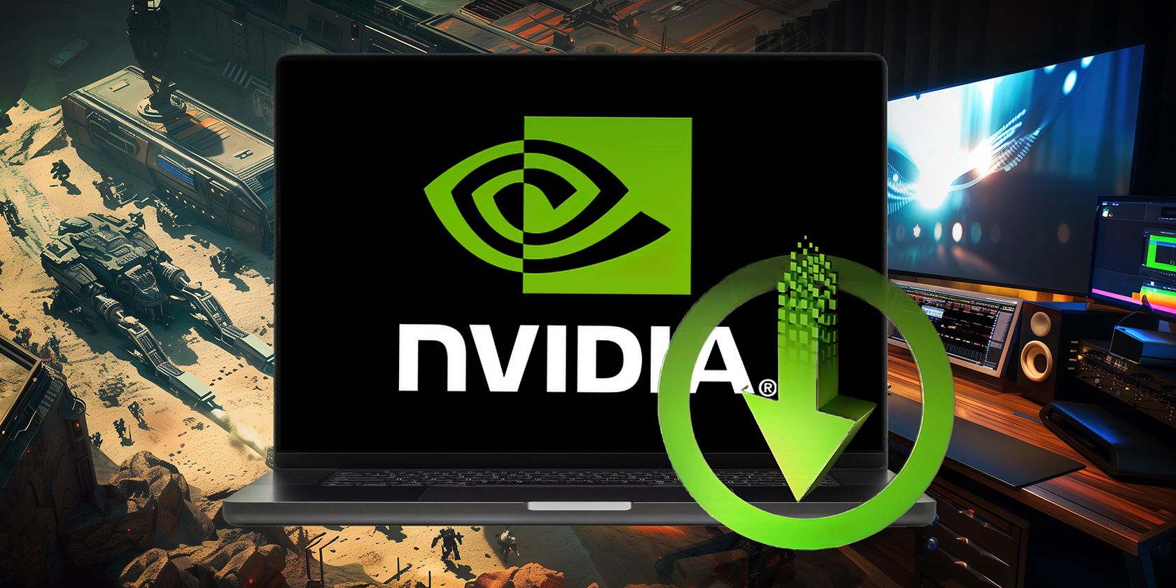 یک صفحه لپ تاپ آرم NVIDIA را با یک نماد بارگیری نشان می دهد ، که در برابر پس زمینه تنظیم بازی تنظیم شده است.
