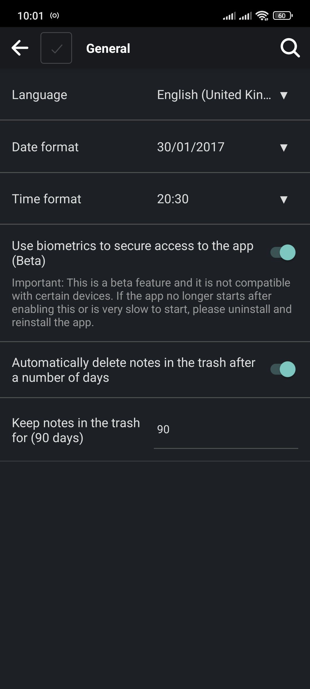 تنظیمات عمومی برنامه Joplin Notes شامل استفاده از ضامن امنیتی بیومتریک