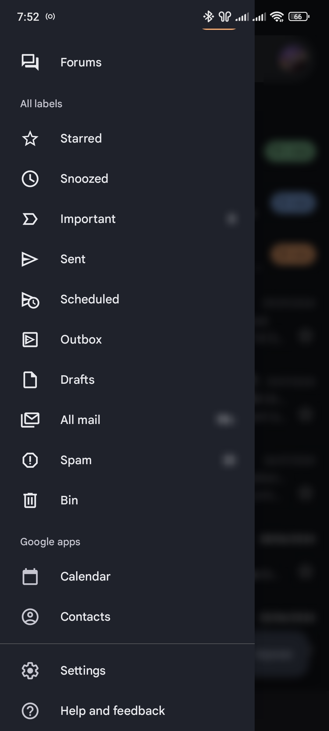 نوار کناری برنامه Gmail با تنظیمات.