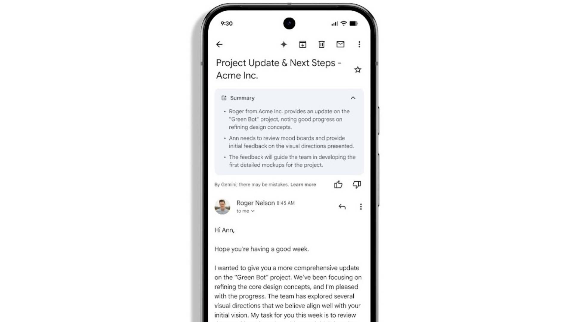 خلاصه Gmail از Gemini در تلفن هوشمند