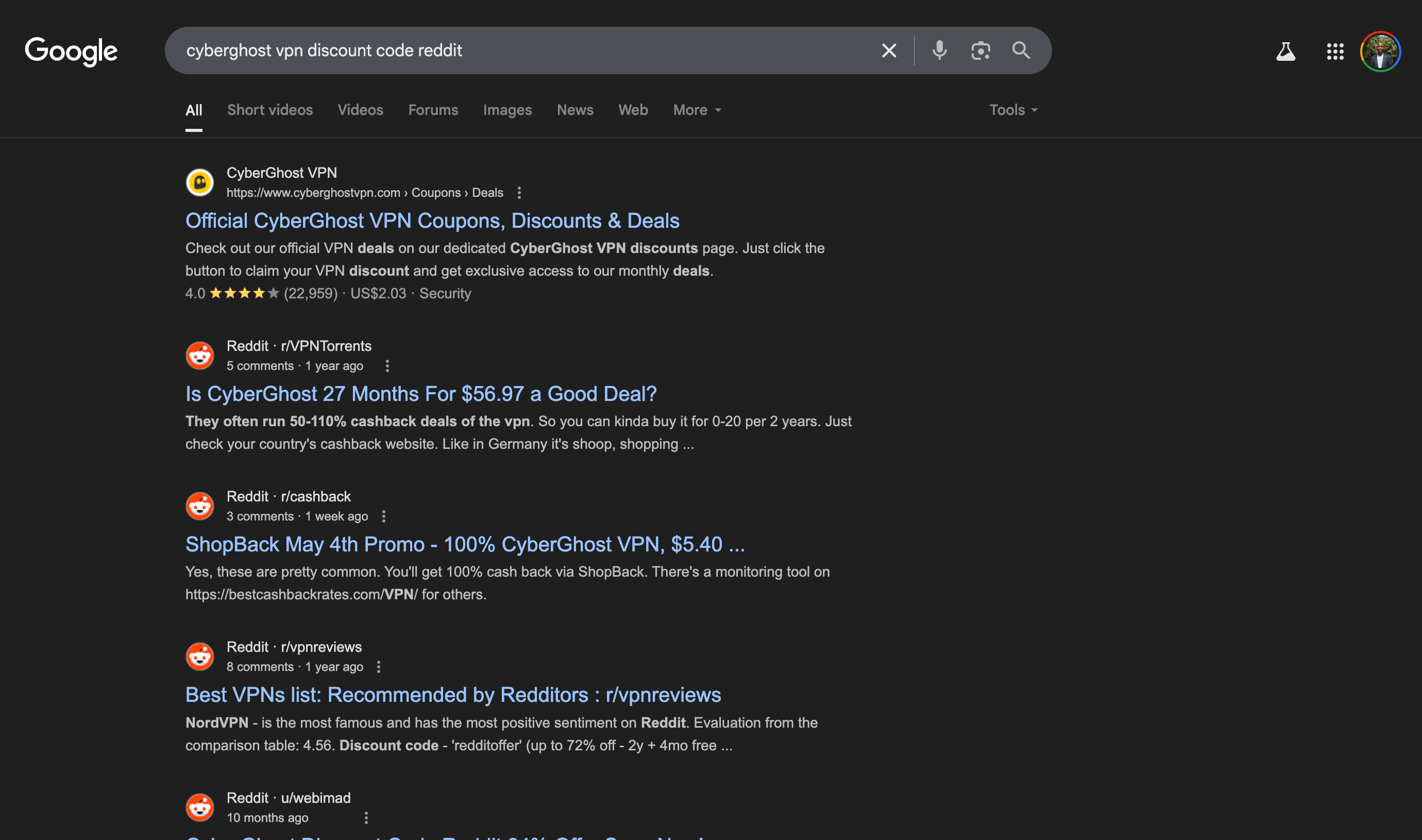 نتایج جستجوی Google برای کوپن های تخفیف Cyberghost VPN