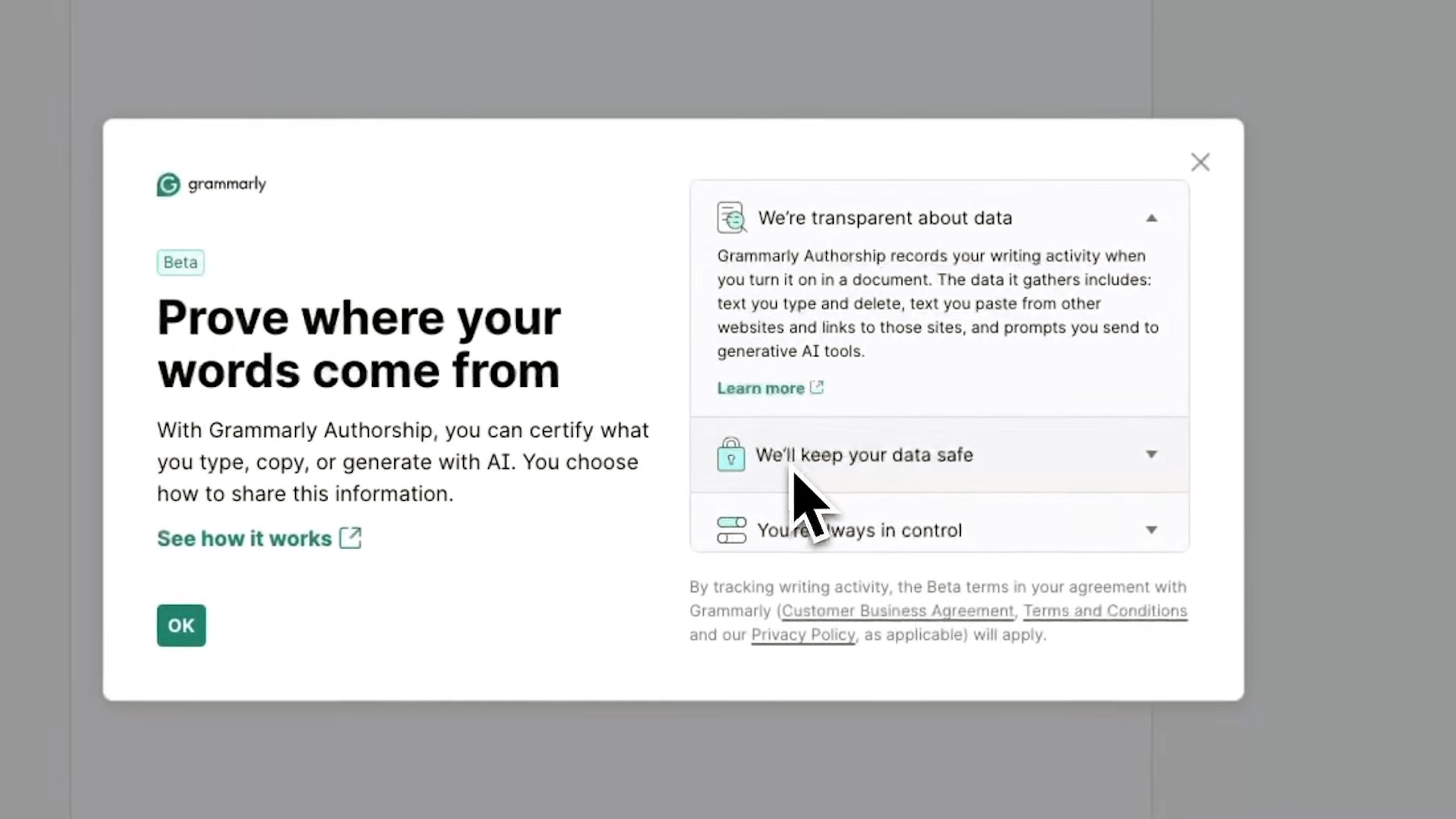 پنجره خوش آمدید Grammarly Autorship