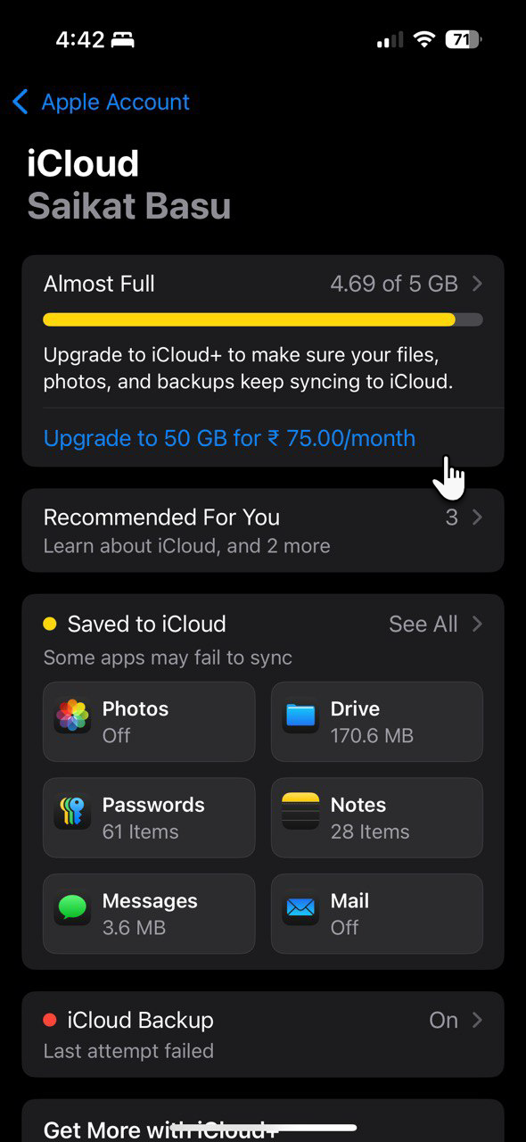 تنظیمات iCloud صفحه ذخیره سازی را مدیریت می کند