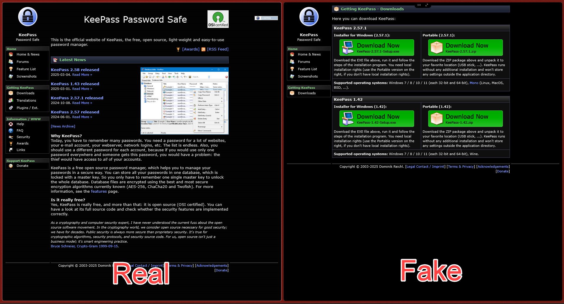 وب سایت واقعی و جعلی ارائه دهنده رمز عبور Keepass