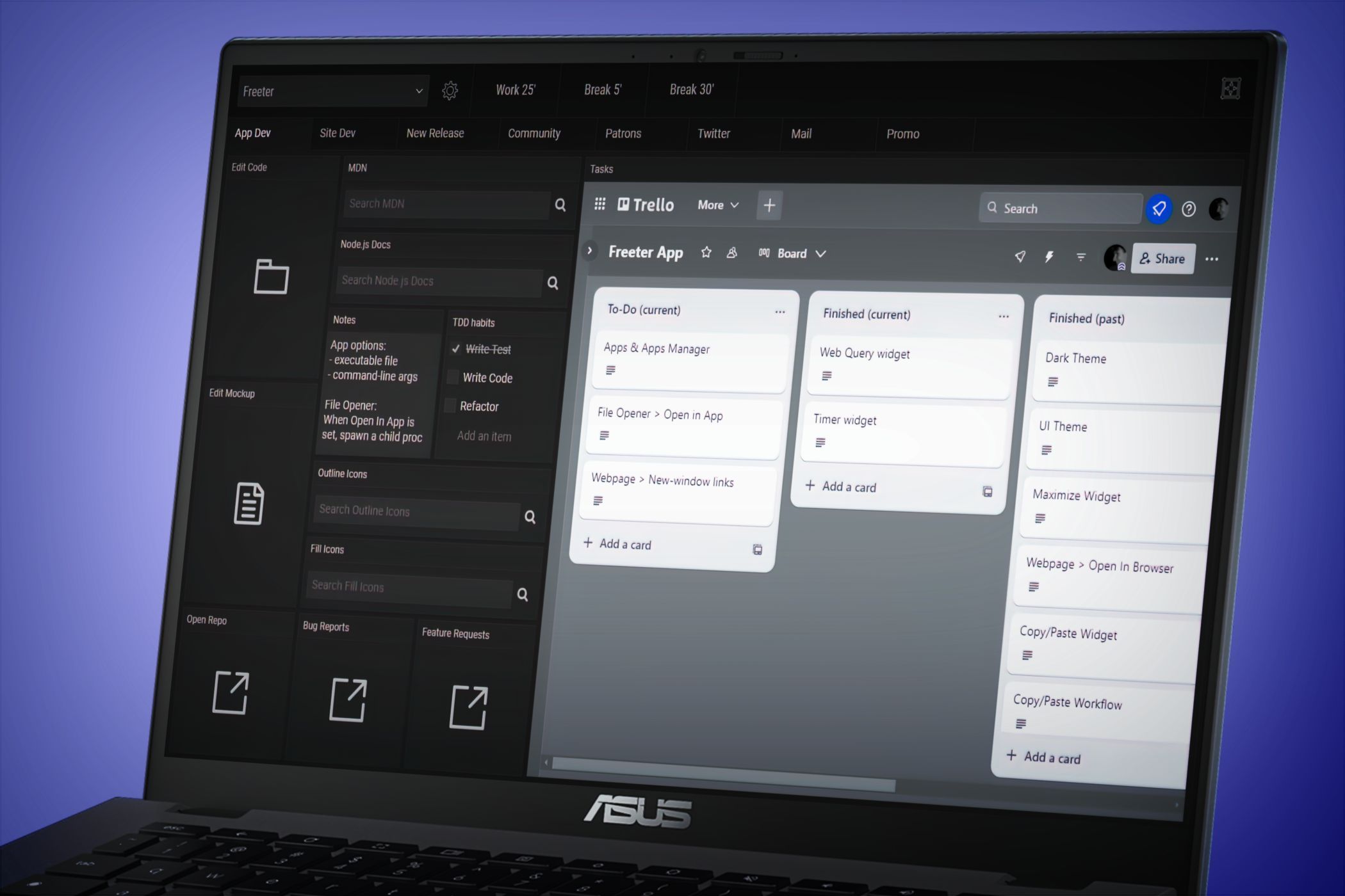 صفحه نمایش لپ تاپ ASUS با تأکید بر سازمان پروژه و برنامه ریزی گردش کار ، صفحه نمایش برای مدیریت کار و بهره وری.