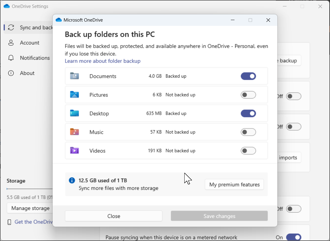 Microsoft OneDrive تنظیمات پوشه پشتیبان