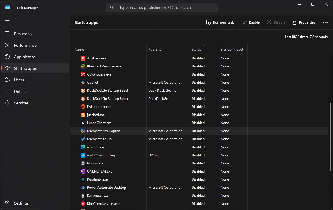 بخش برنامه های راه اندازی در Task Manager