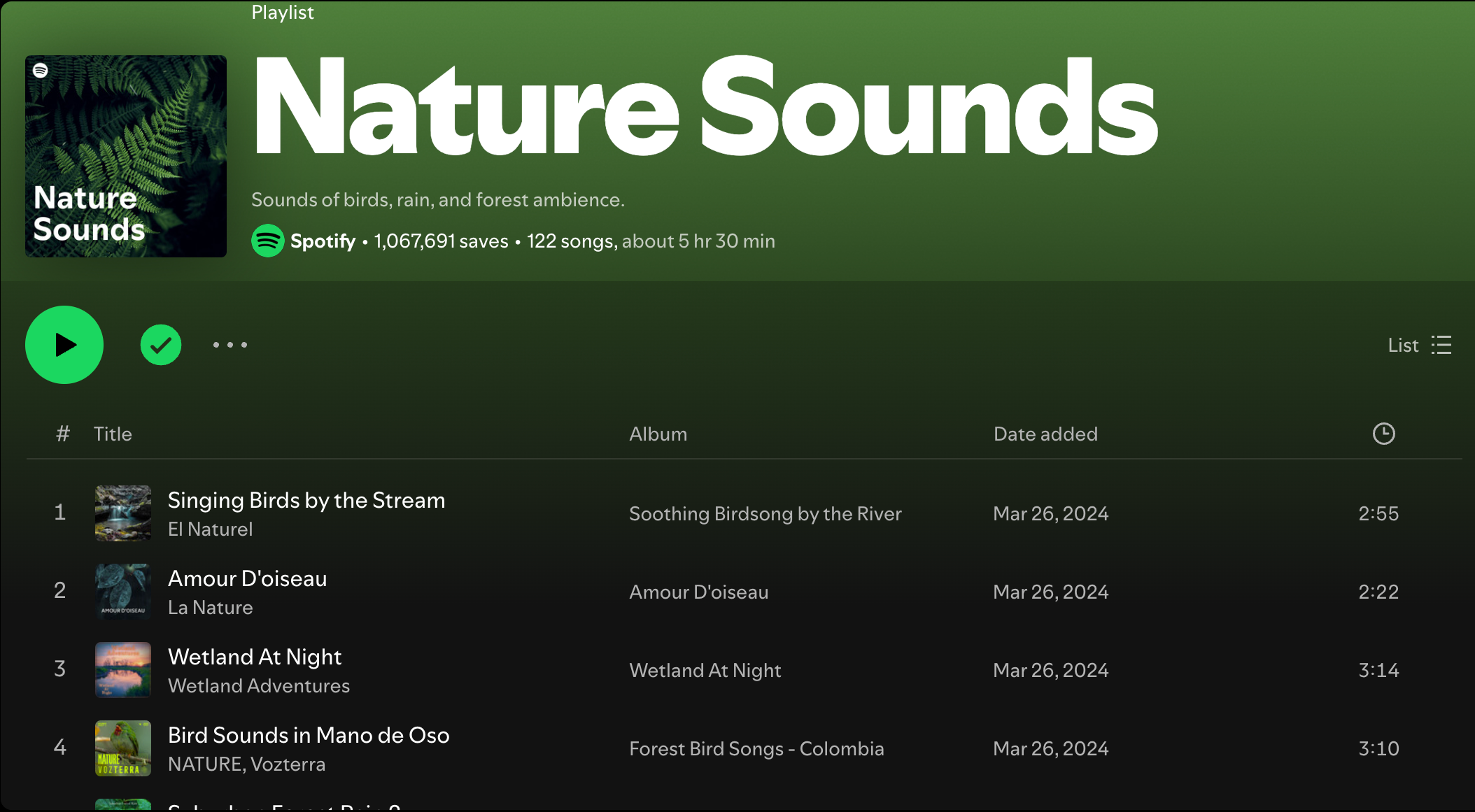 Nature Sounds لیست پخش در Spotify