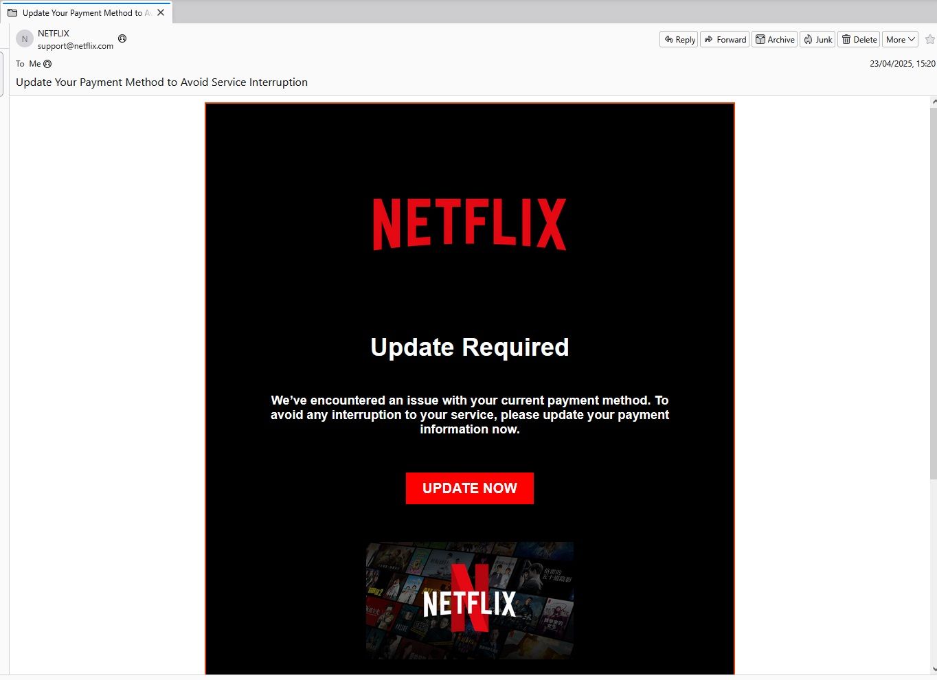 مثال ایمیل Netflix فیشینگ.