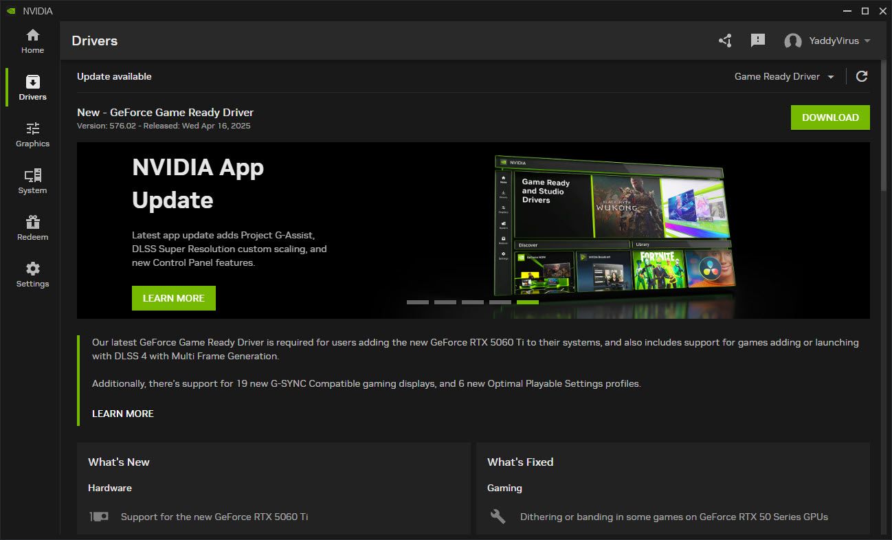 برنامه NVIDIA با آخرین به روزرسانی درایور