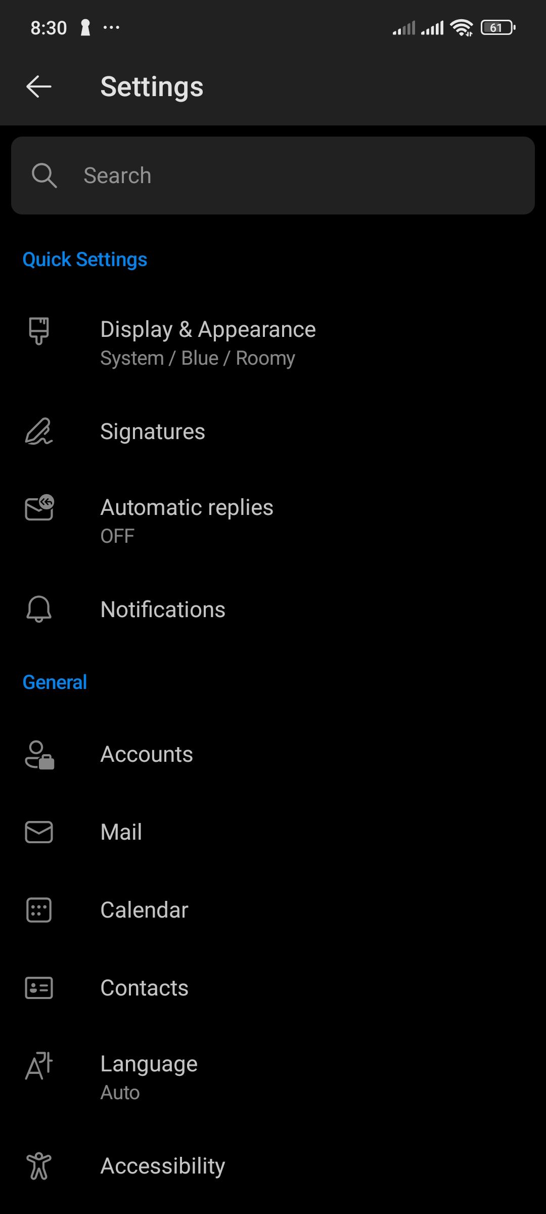 برنامه Android Outlook با گزینه Accounts.