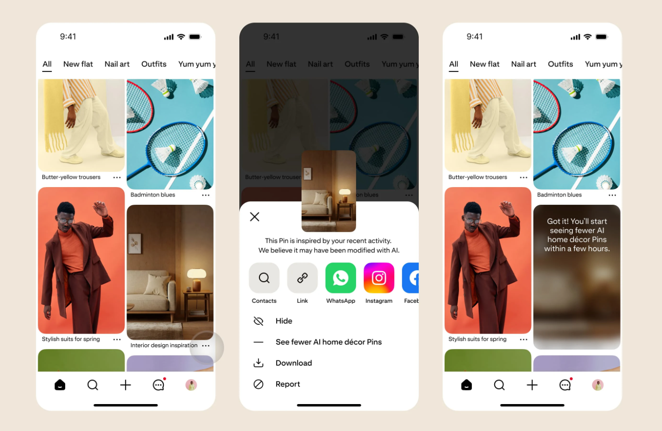 نمونه ای از چگونگی انتخاب پین های AI کمتر در Pinterest