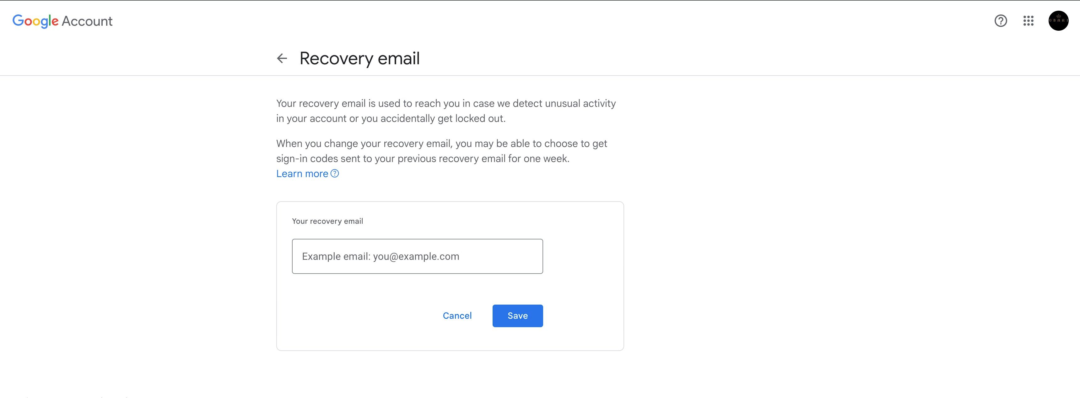 کادر ورودی ایمیل بازیابی در حساب Google
