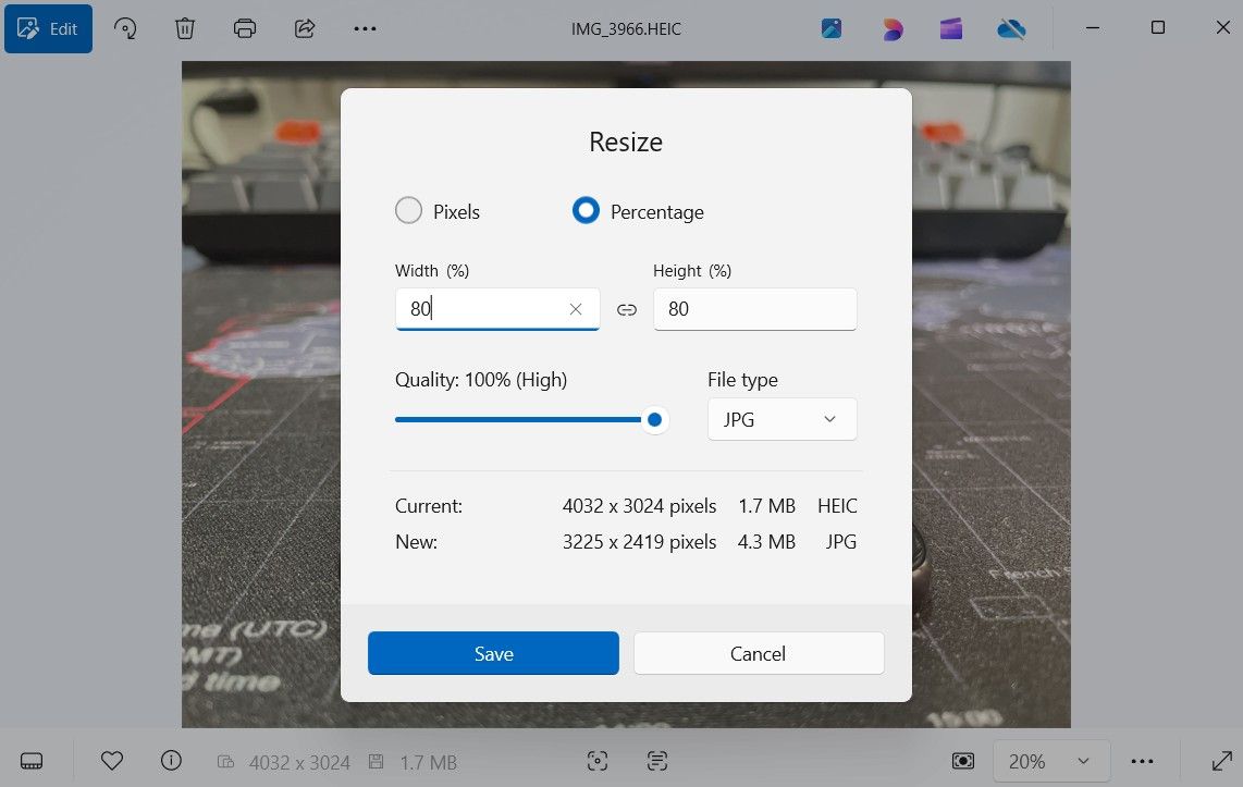 تغییر اندازه کادر گفتگوی تصویر در برنامه Windows 11 Photos