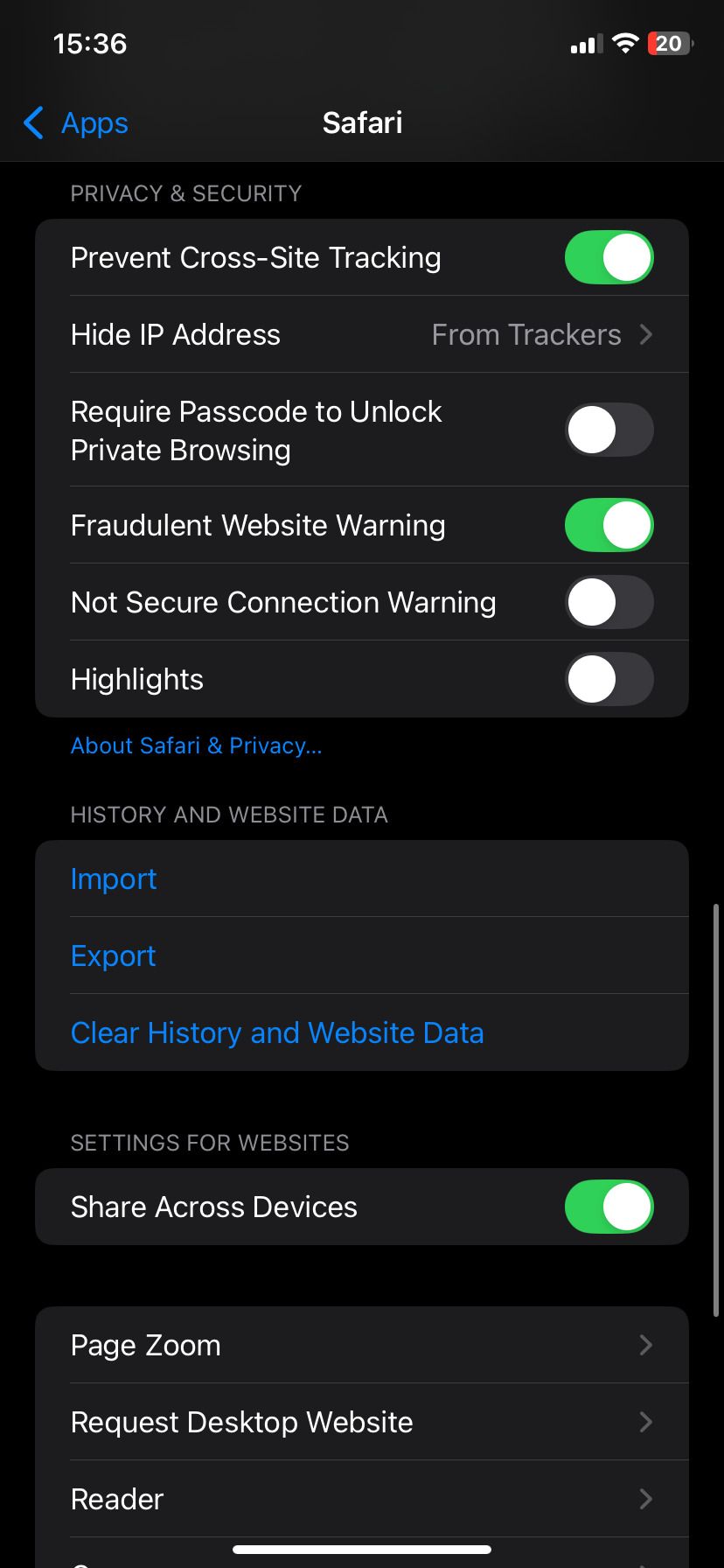 صفحه تنظیمات Safari Empasizing داده های مرورگر روشن