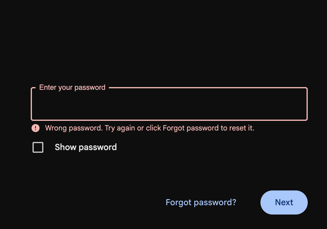 پیام خطای رمز عبور اشتباه هنگام تلاش برای ورود به Gmail