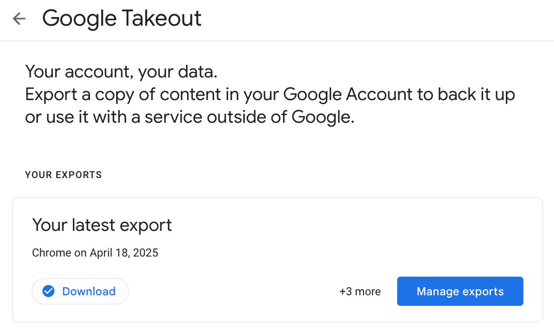 Google Takeout یک نسخه از داده های خود را برای صادرات تهیه کرد