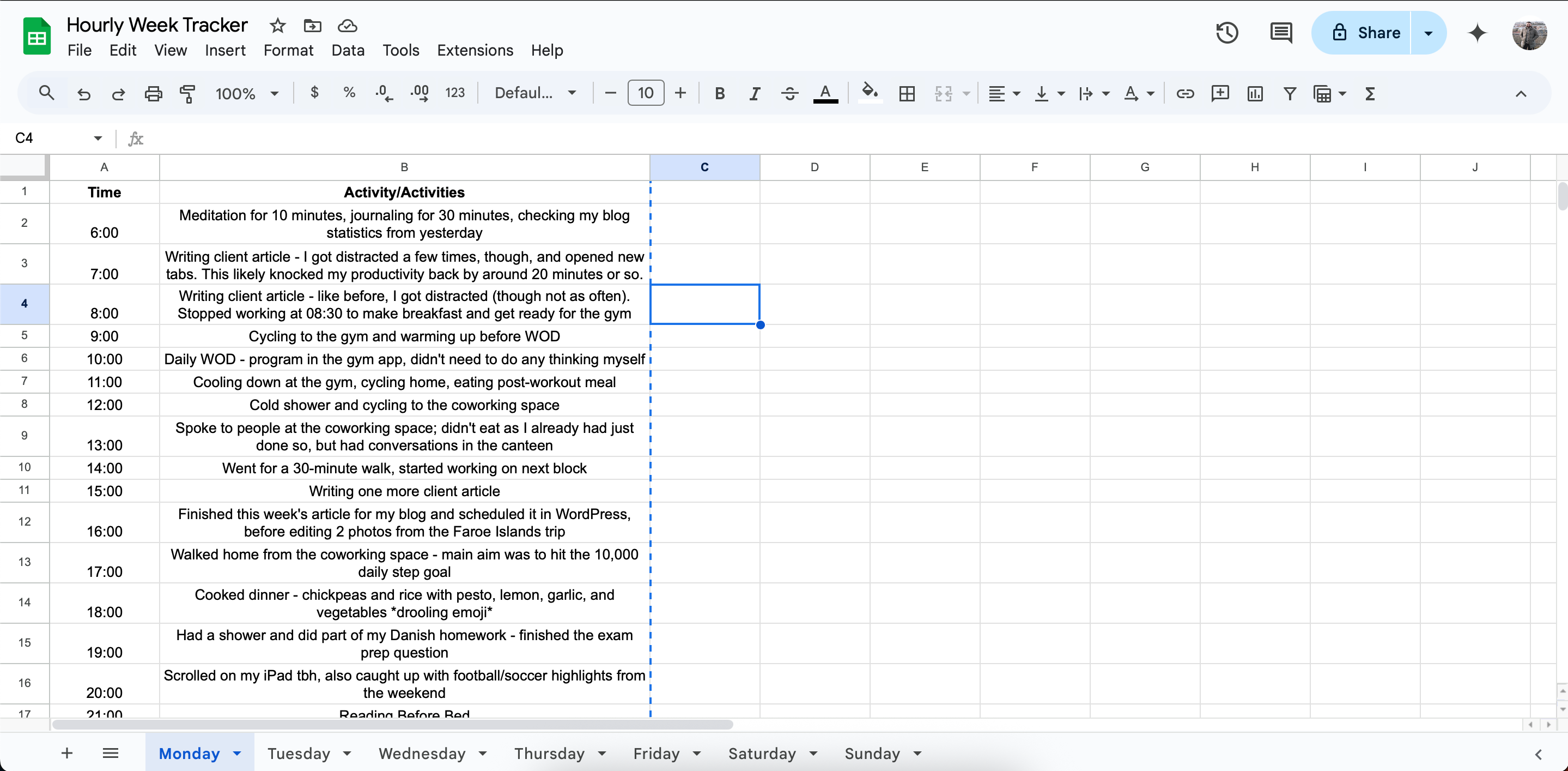 پیگیری صبح دوشنبه من در برنامه Google Sheets