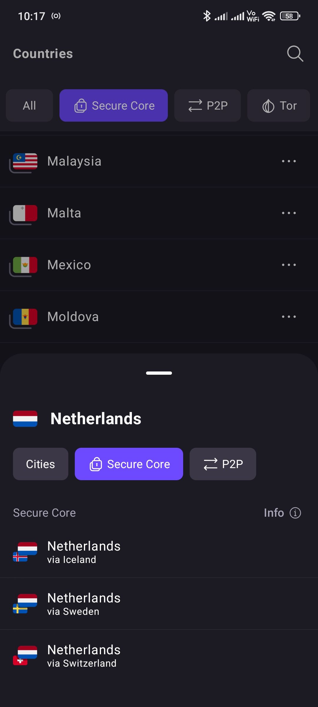لیست کشورهای Core Core در برنامه VPN Proton