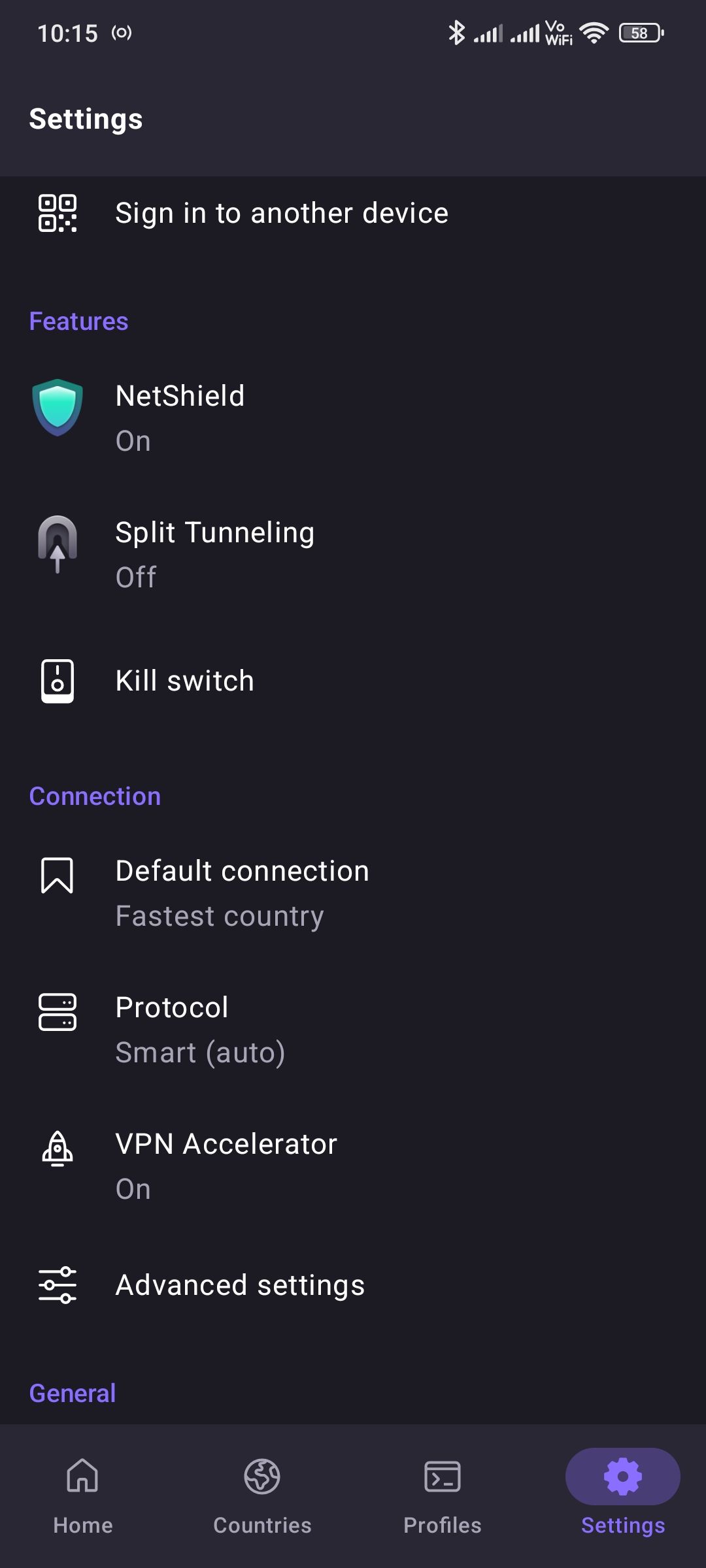 تنظیمات در برنامه VPN پروتون