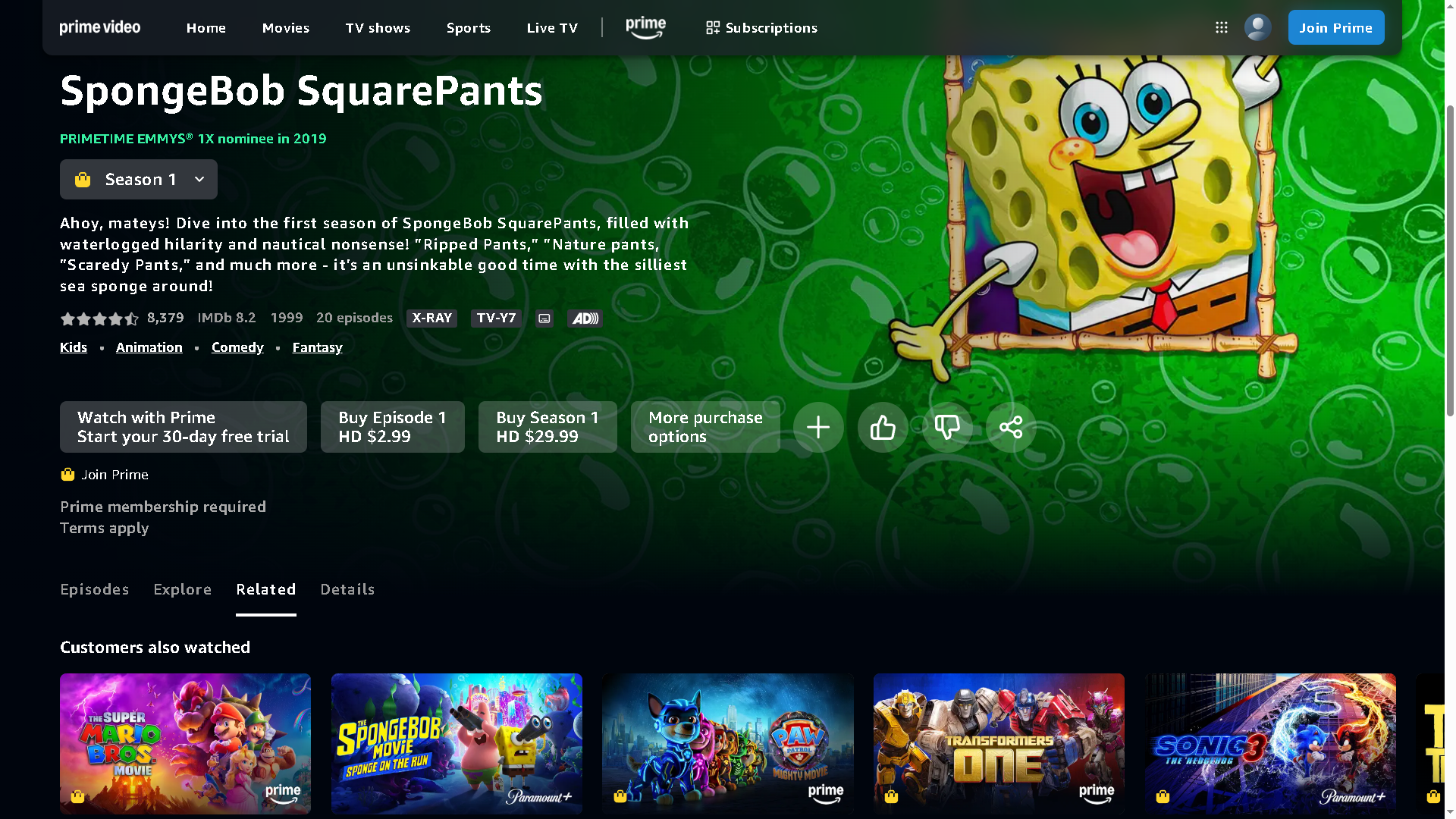 Squarepants SpongeBob در فیلم Prime Amazon ، با یک ردیف نمایش و فیلم های بچه ها در پایین