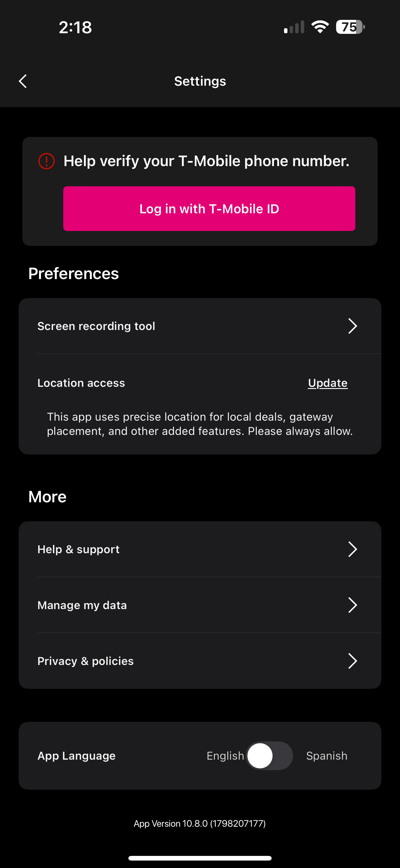 صفحه مدیریت T-Life در برنامه tmobile