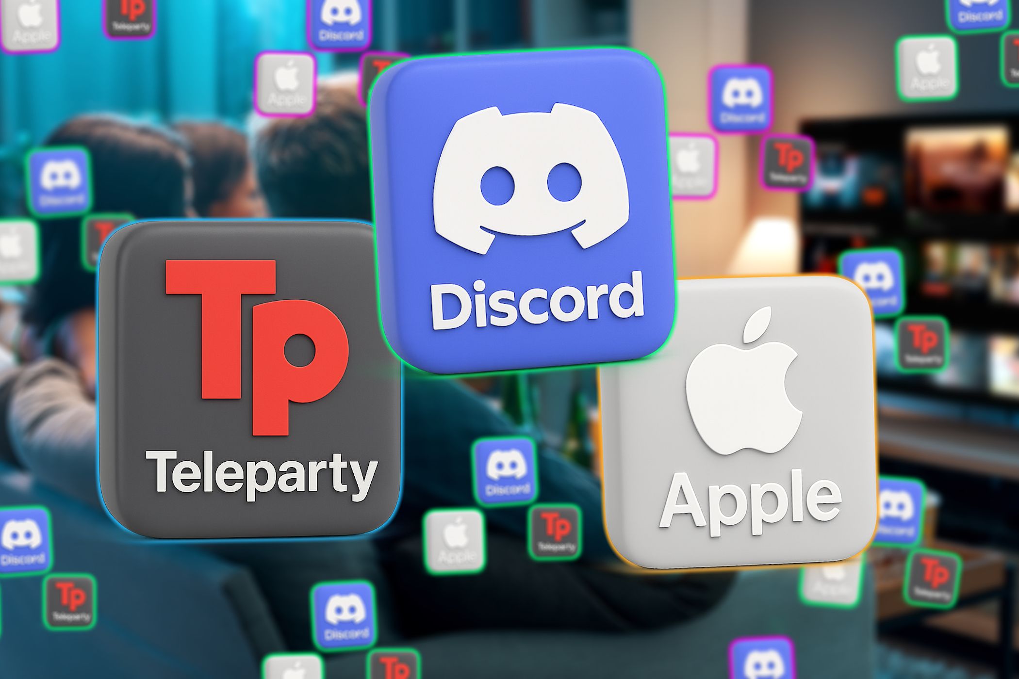 بلوک آرم اپل Discord Teleparty با پس زمینه فیلم در حال تماشای خانواده.