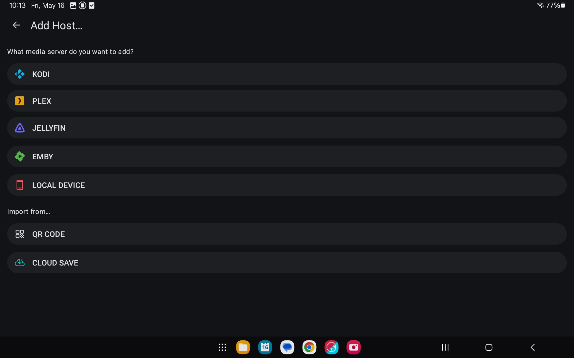 منوی میزبان برنامه Remote Yatse ، لیست Kodi ، Plex ، Jellyfin ، Emby ، دستگاه محلی ، کد QR و Cloud Save as گزینه ها