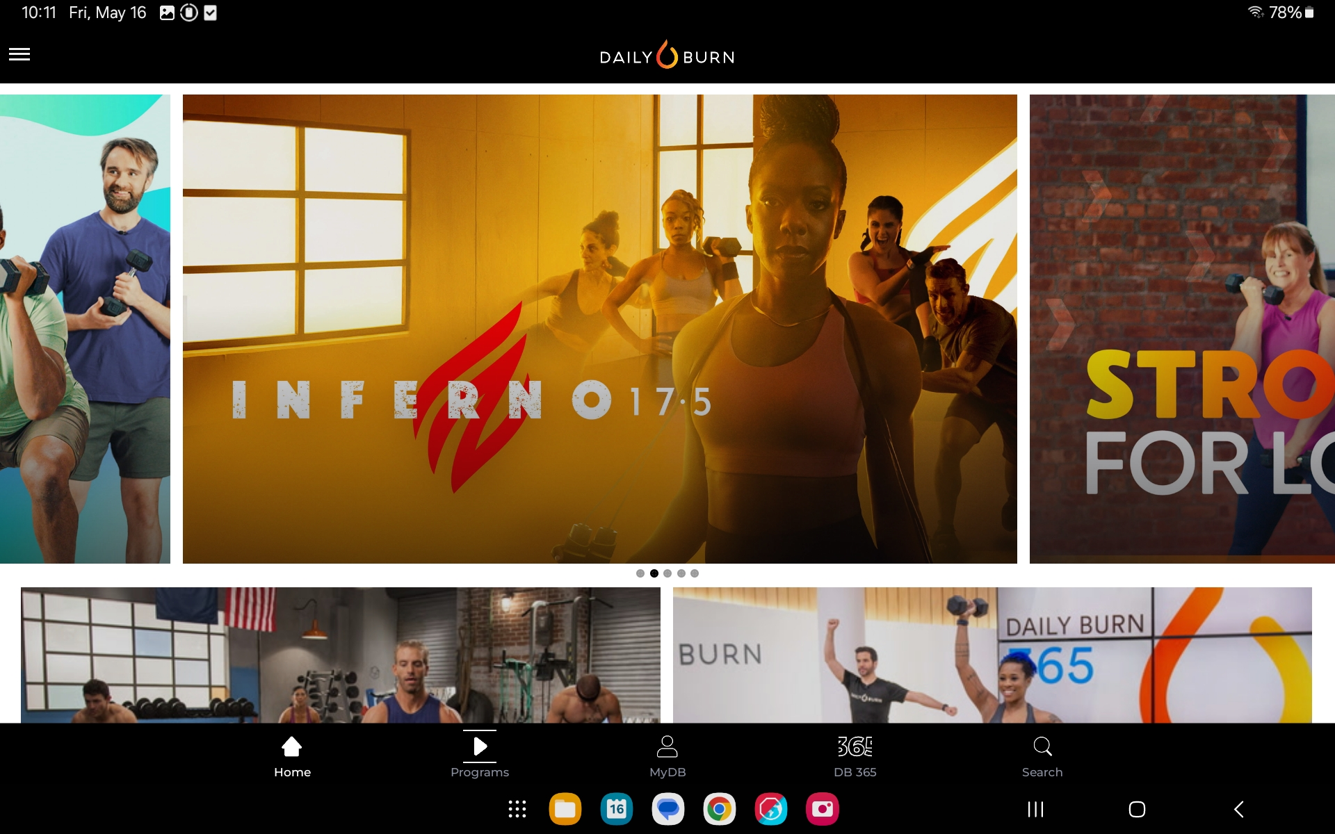 صفحه اصلی برنامه Daily Burn ، شامل روال تمرین Inferno