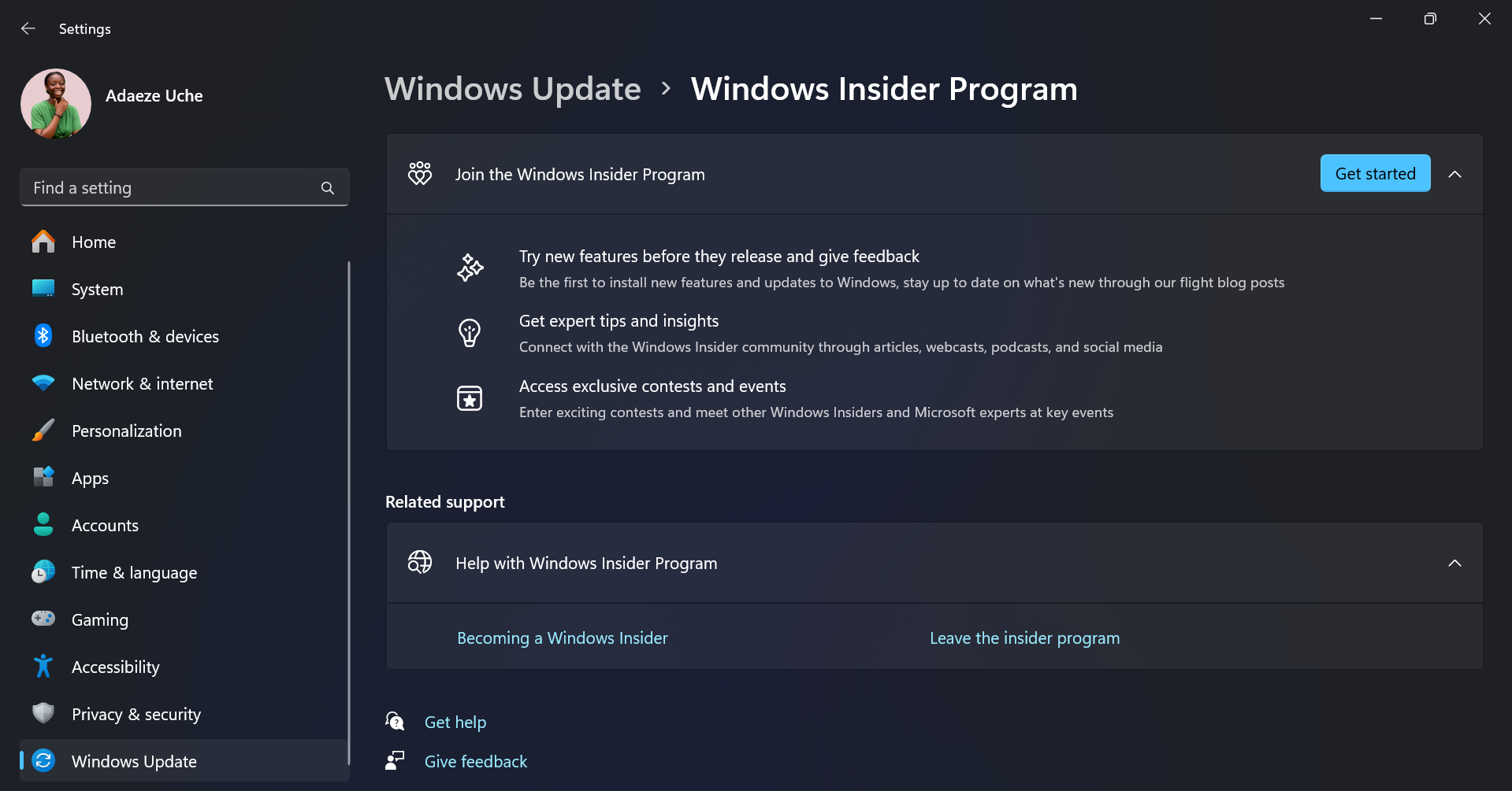 صفحه برنامه Windows Insider در برنامه تنظیمات در رایانه ویندوز 11 نمایش داده شده است