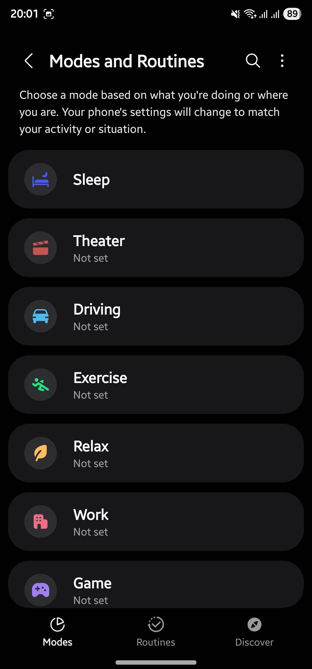 برگه Modes در برنامه Modes and Profyines در یک تلفن کهکشان.
