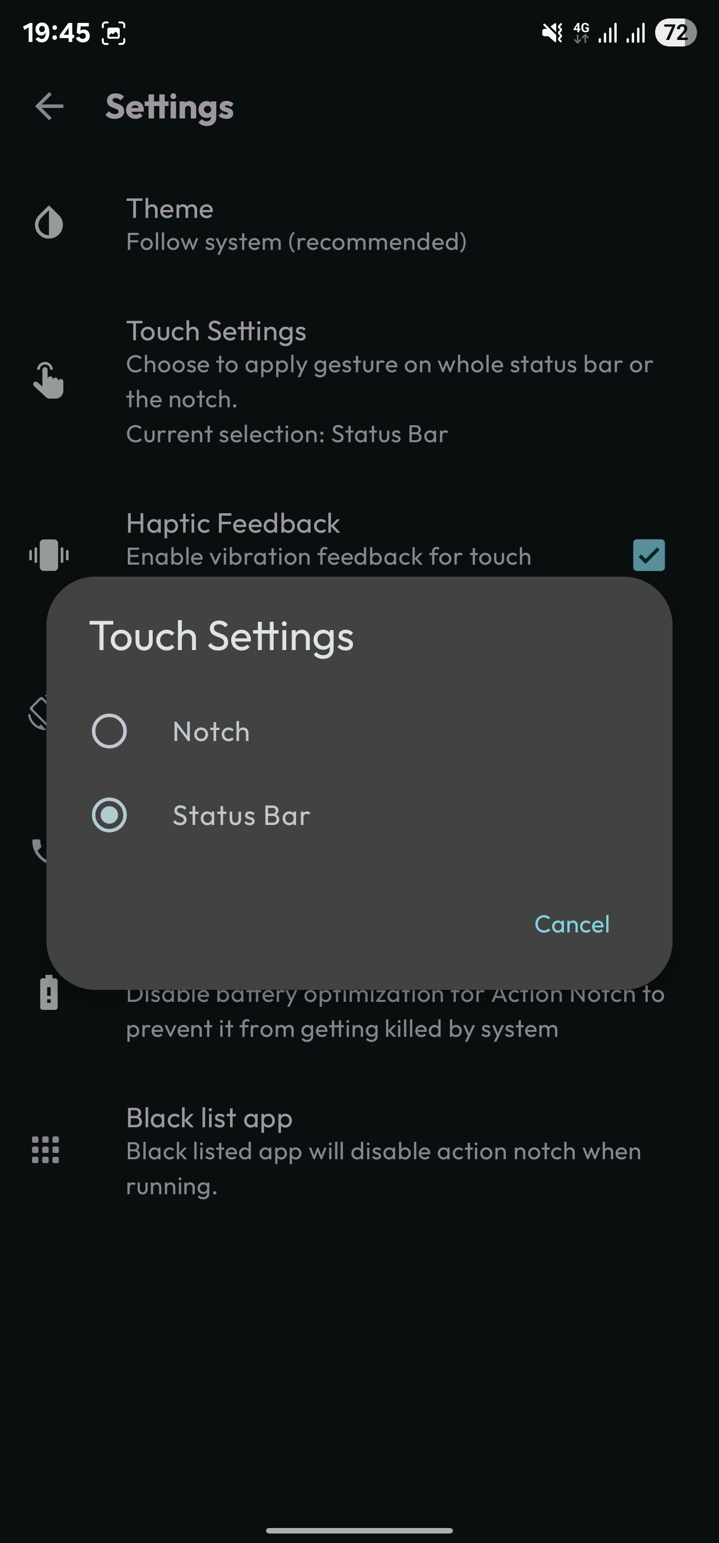 تغییر گزینه تنظیمات لمسی عملکرد Notch به نوار وضعیت.