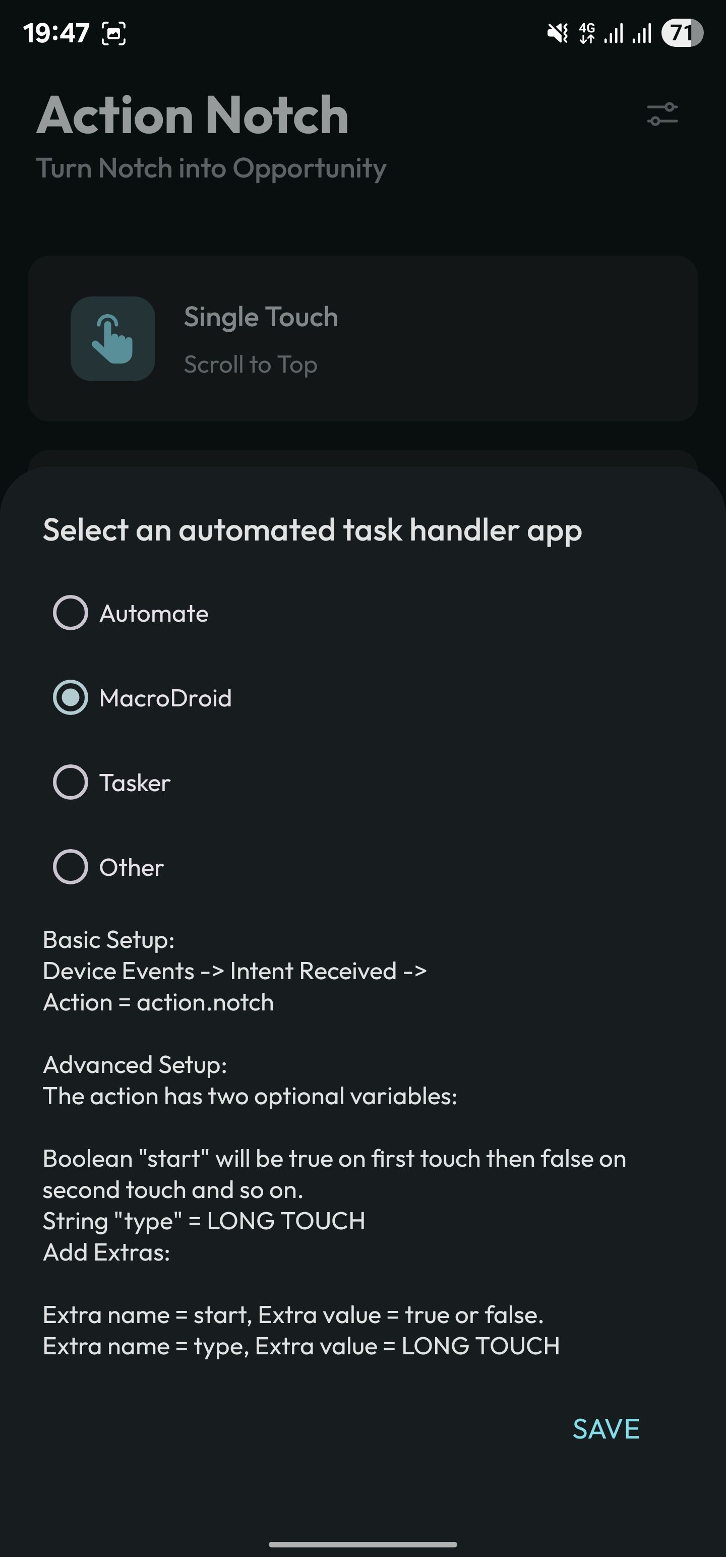 تنظیم Macrodroid به عنوان برنامه کاربردی اتوماتیک کار برای ماشه یک عمل خودکار.