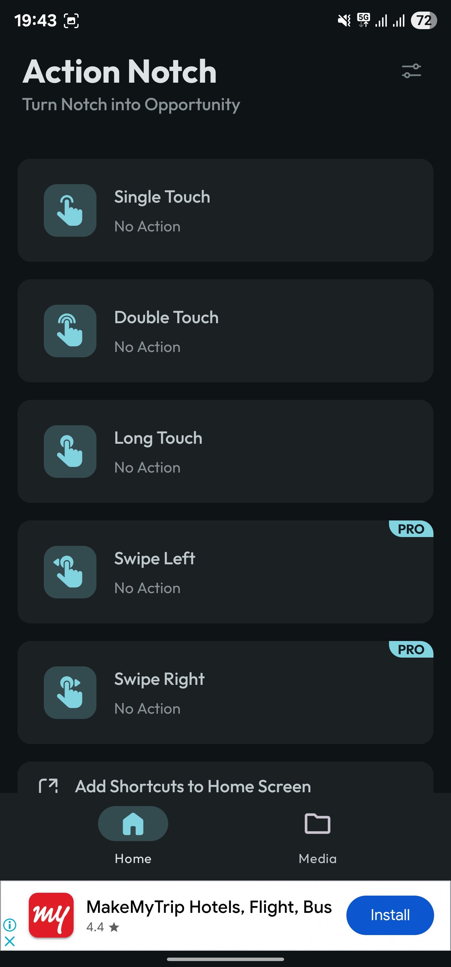 تب Action Notch Home با لیستی از تمام حرکات موجود.
