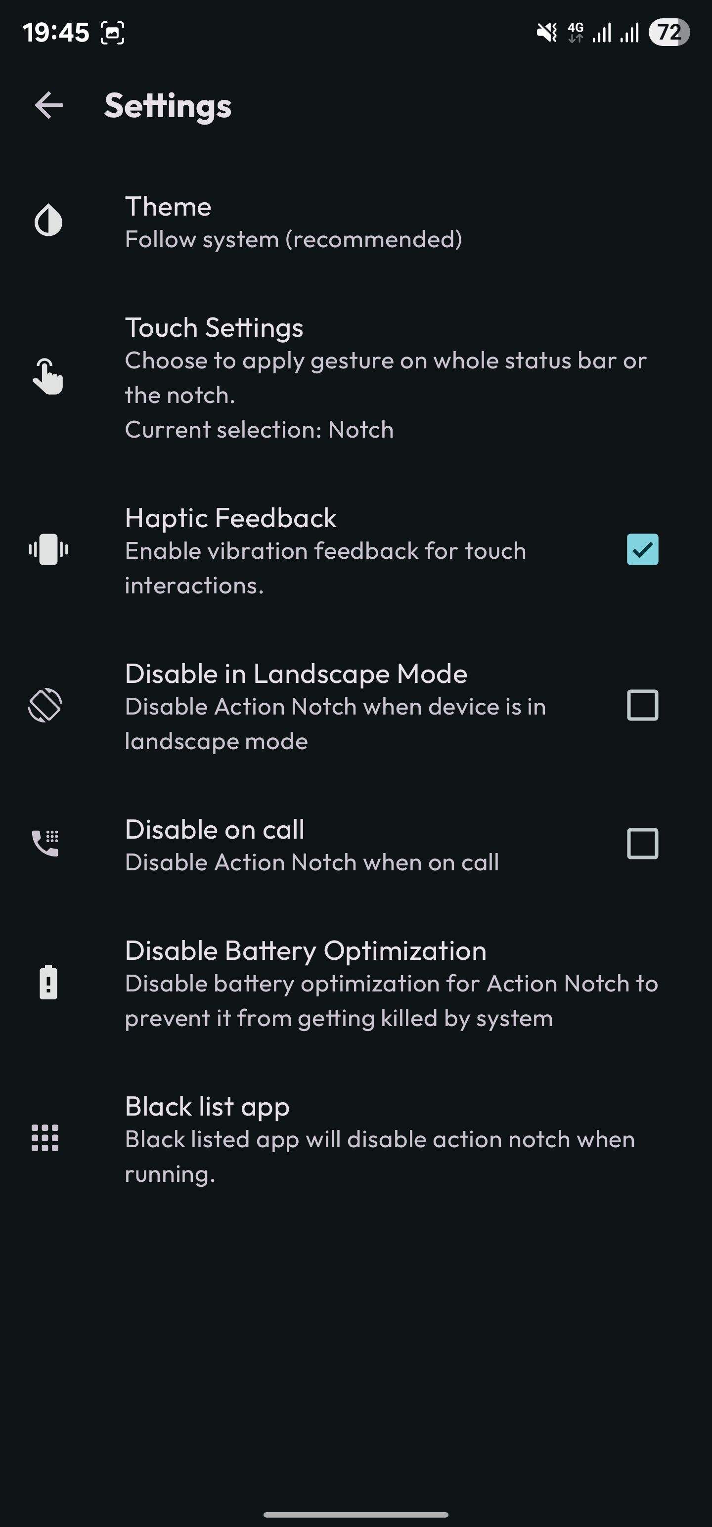 گزینه بازخورد هاپتیک در تنظیمات NOTCH ACTION بررسی شد.