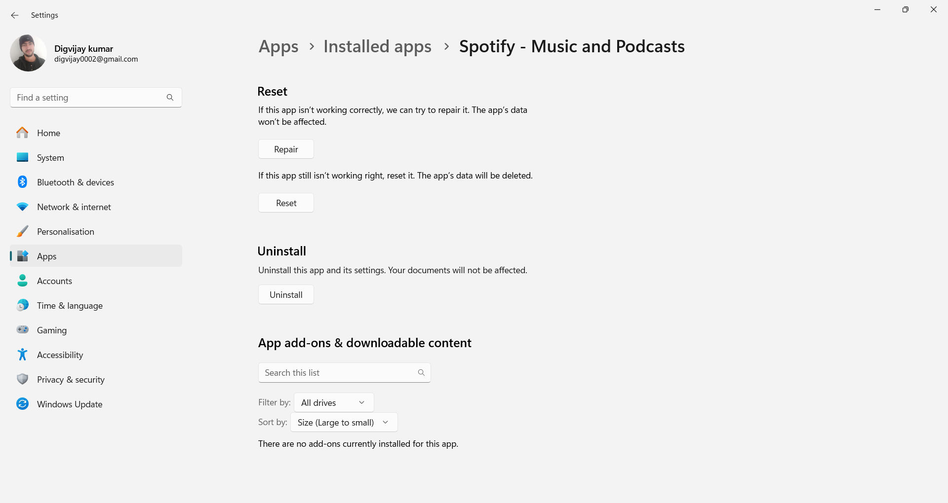 با استفاده از تنظیمات ویندوز برای تعمیر Spotify