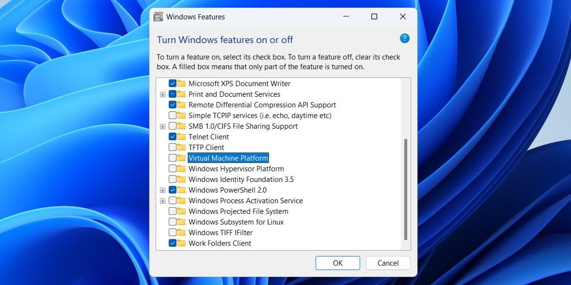 گزینه Platform Machine Virtual در ویژگی های ویندوز