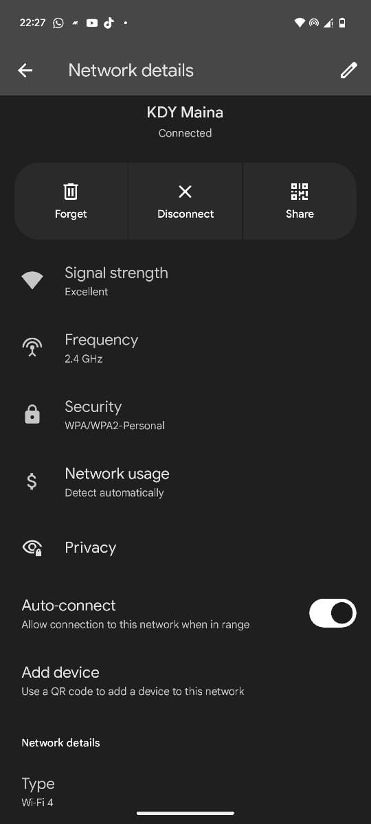 صفحه جزئیات اتصال Wi-Fi در برنامه تنظیمات Android