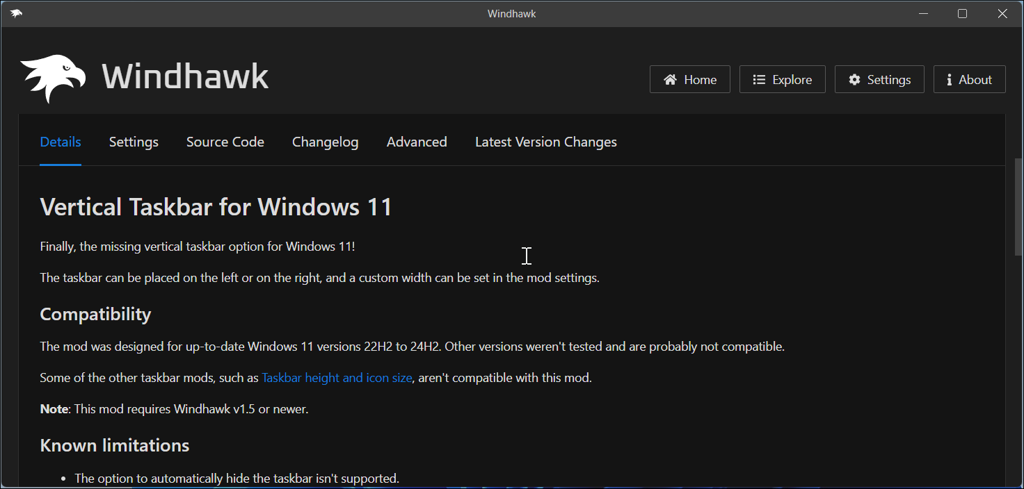 برنامه Windhawk که نوار وظیفه عمودی را برای صفحه جزئیات Windows 11 Mod نشان می دهد