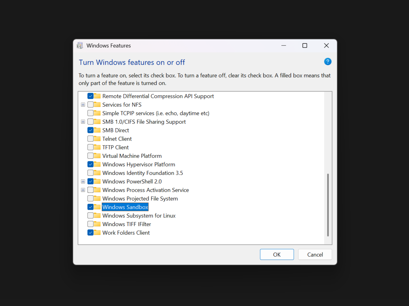Windows Sandbox همانطور که در ویژگی های ویندوز فعال شده است برجسته شده است.