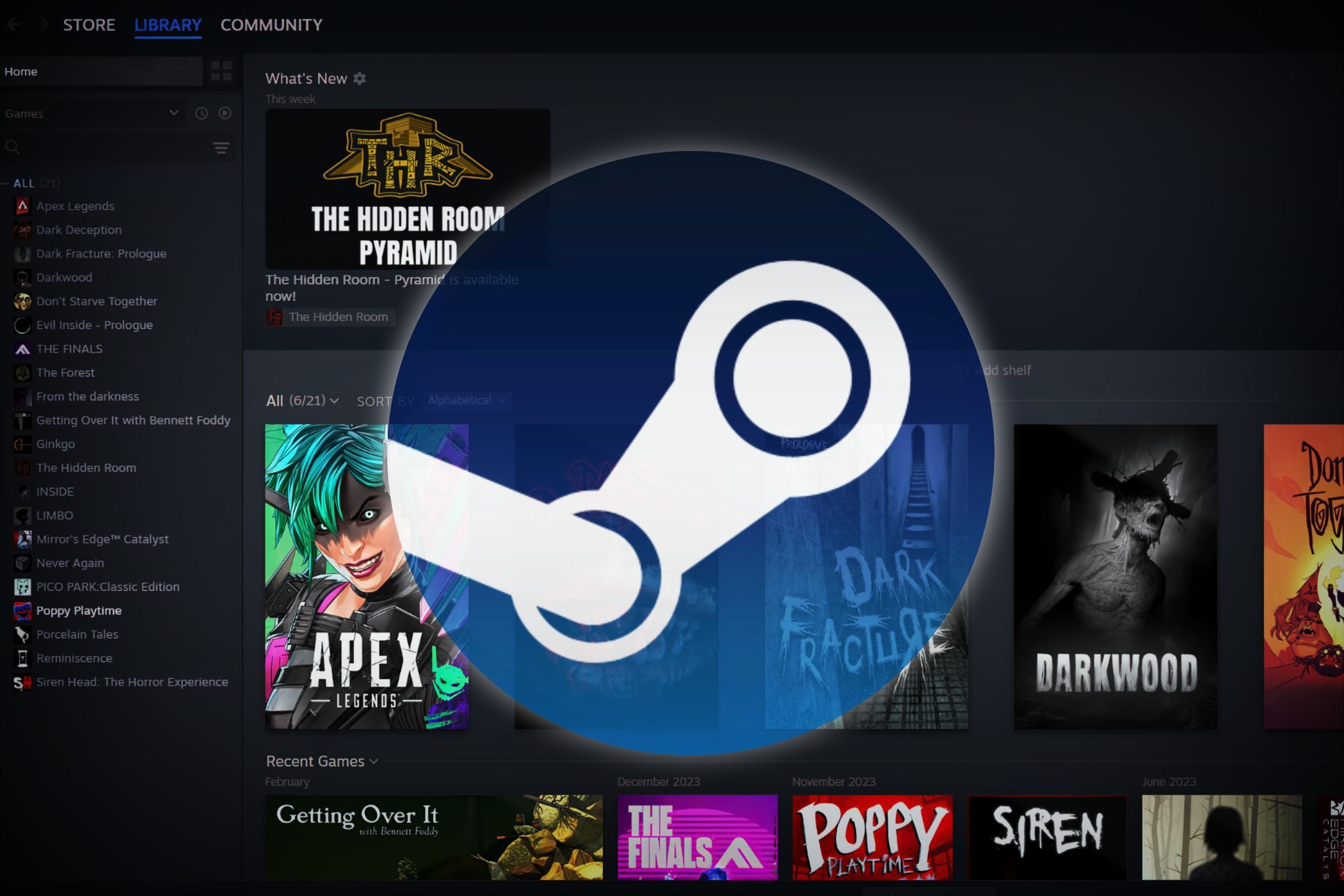 آرم Steam روی صفحه کتابخانه بازی پوشانده شده و مجموعه متنوعی از بازی های ویدیویی موجود در این سیستم عامل را برجسته می کند.